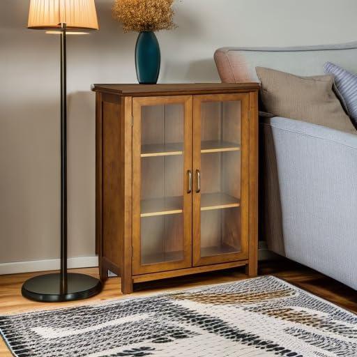 Teamson Home Avery Wooden Freestanding Floor Cabinet with 2 Adjustable Shelves 3 Storage Spaces 2 Glass Paneled Doors and 2 Antique Brass Knobs, Oiled Oak - ModernBath