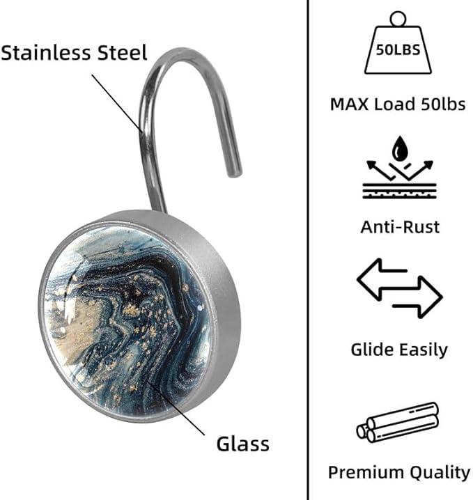 12 Pcs Decorative Shower Curtain Hooks, Rust Proof Glass Surface Stainless Steel Rings for Bathroom Bedroom Kitchen Home Bath Room Rods Decor (Black Gold Liquid) - ModernBath