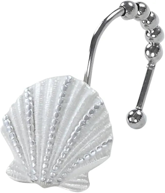 Coastal Seashell Shower Curtain Hooks, Under The Sea Beach Starfish Bathroom Shower Curtain Hooks Rust Proof, 5 Roller Ring Balls White Decorative Shower Hooks for Shower Curtain, Set of 12 - ModernBath