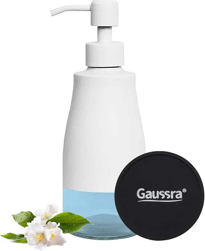 Gaussra White Soap Dispenser with Coaster and Stickers, Stainless Steel and Glass Bottle Hand Pump Dispenser, Refillable Liquid Hand Soap Dispenser for Bathroom & Kitchen (11OZ / 320ML) - ModernBath