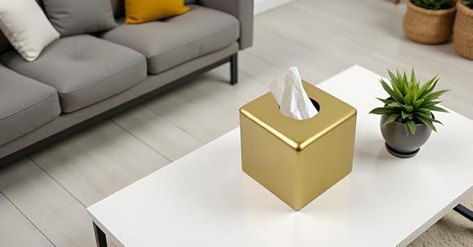 Huitony Square Tissue Box Cover Decorative Kleenex Box Holder for Bathroom & Living Room with Handcrafted Texture (Gold) - ModernBath