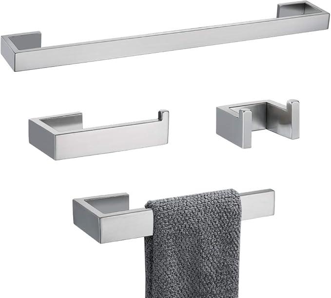 TNOMS 4 Pieces Bathroom Hardware Accessories Set Towel Bar Towel Holder Robe Hook Toilet Paper Holder Stainless Steel,Q8-P4BR - ModernBath
