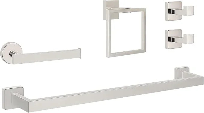 NearMoon 5 Pieces Bathroom Hardware Set 304 Stainless Steel, Square Towel Rack Kit - 24" Towel Rod + Towel Ring + Toilet Paper Holder + 2 Robe Hooks, Wall Mounted Bath Accessories (Chrome Finish) - ModernBath