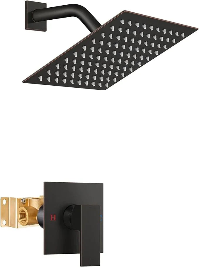 Airuida Shower Faucet Set Bathroom Rain Shower System 8 Inch Square Showerhead Single Function 1 Handle Trim Kit with Female Thread Rough-in Valve Cover Plate with H and C Labels Oil Rubbed Bronze - ModernBath