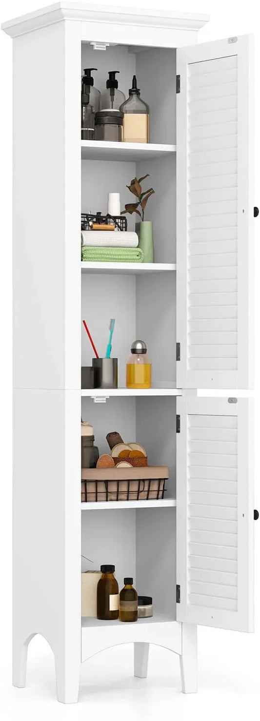Tangkula 63" Tall Bathroom Storage Cabinet, Freestanding Narrow Linen Tower with Adjustable Shelf, Modern Slim Floor Cabinet with 2 Doors for Bathroom, Living Room, Kitchen (White) - ModernBath