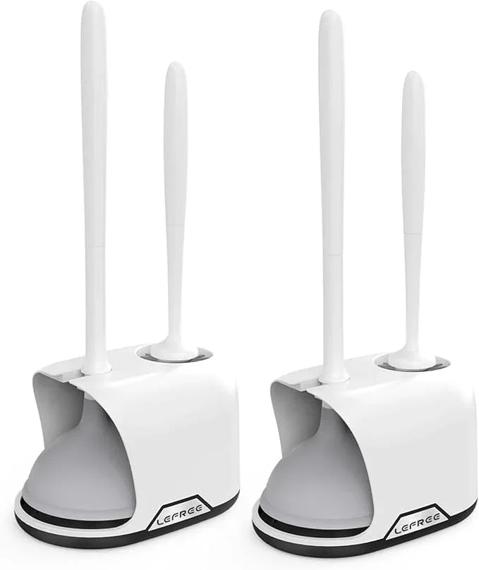 Lefree, 2 in 1 Toilet Brush and Plunger Set with Silicone Bristles, Plastic Material, Includes Holder, White/Black, for Deep Cleaning - ModernBath
