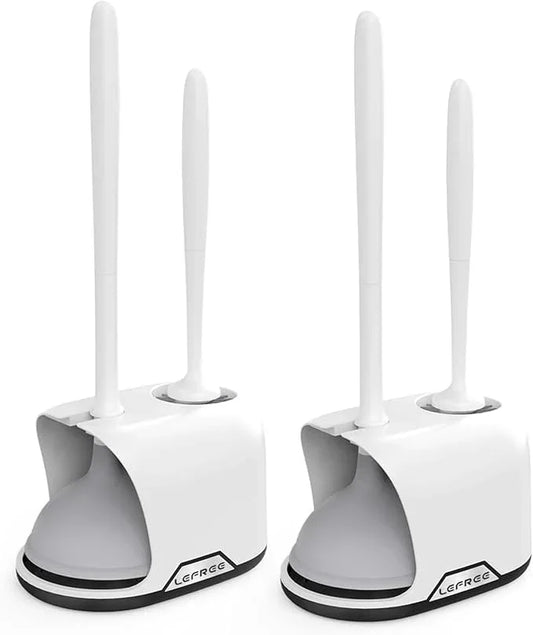 Lefree, 2 in 1 Toilet Brush and Plunger Set with Silicone Bristles, Plastic Material, Includes Holder, White/Black, for Deep Cleaning - ModernBath