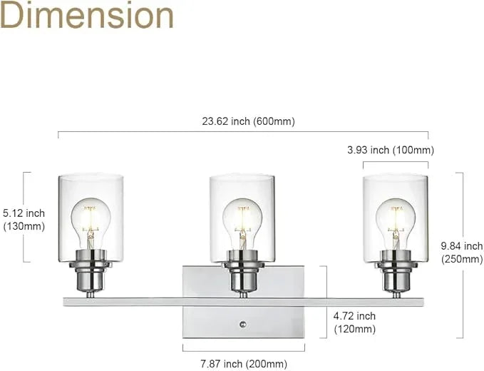 VINLUZ 3 Light Wall Light Fixture with Clear Glass Shade Classic Bathroom Vanity Lighting Fixture in Chrome Finish Metal Wall Mounted Lamp for Powder Room Hallway - ModernBath
