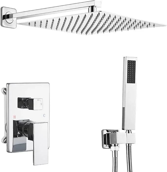 JingGang Polished Chrome Shower System 12 Inch Bathroom Luxury Rain Mixer Shower Combo Set Wall Mounted Rainfall Shower Head and Handheld System Shower Faucet Set Rough-in Valve Body and Trim Kit - ModernBath