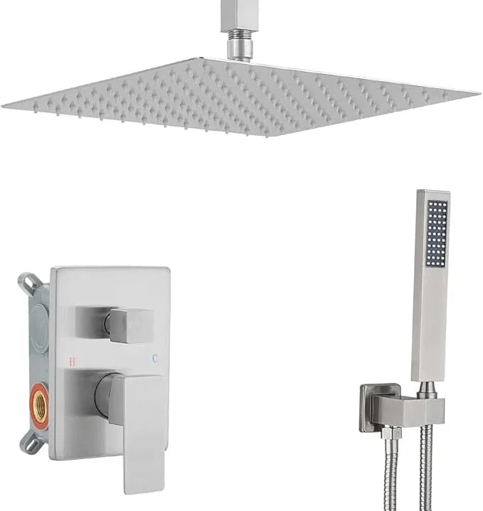 Heable Brushed Nickel Shower System Bathroom 16 Inch Rain Shower Head Ceiling Mount with Handheld Luxury High Pressure Shower Combo Set Shower Faucet Rough-in Valve Body and Trim Kit - ModernBath