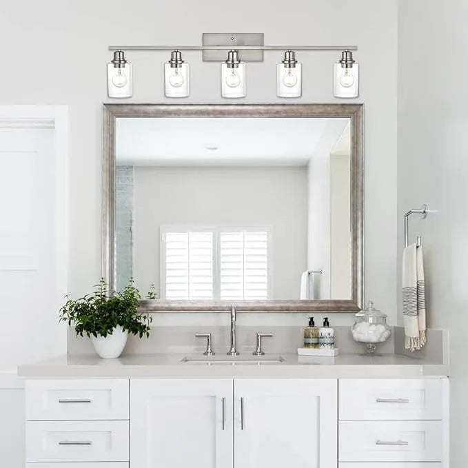 VINLUZ 5-Light Bathroom Vanity Light Fixtures in Brushed Nickel Finish Indoor Wall Sconce Lighting Over Mirror with Clear Glass Shade for Living Room, Bedroom, Hallway - ModernBath