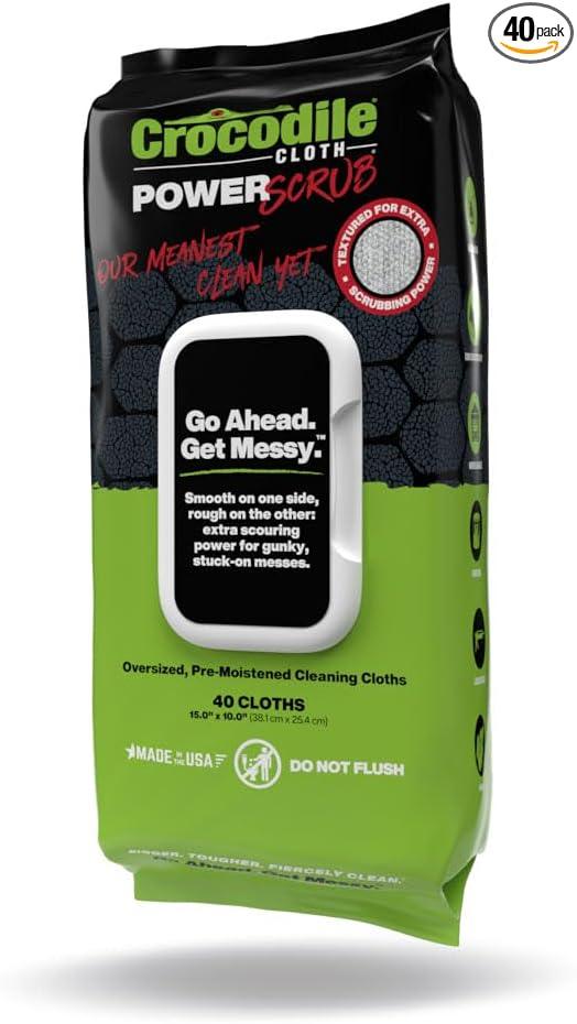 Crocodile Cloth PowerSCRUB - 40 (15" x 10") Heavy Duty Cleaning Wipes - Dual-Surface Cloths, Moist, Absorbent, & Disposable - Safe on Skin & Multiple Surfaces - ModernBath