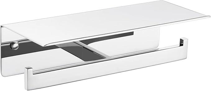 APLusee Double Toilet Paper Holder with Phone Shelf, 304 Stainless Steel Bathroom Tissue Hanger, Wall Mounted Dual Roll Paper Dispenser, Polished Chrome - ModernBath