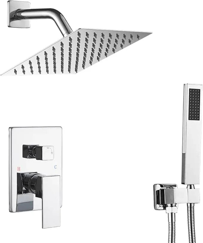 Heable Chrome Shower System with High Pressure 8'' Rainfall Shower Head, Handheld Shower head, Bathroom Luxury Rain Mixer Shower Combo Set Wall Mounted Shower Faucet Rough-in Valve and Trim Kit - ModernBath