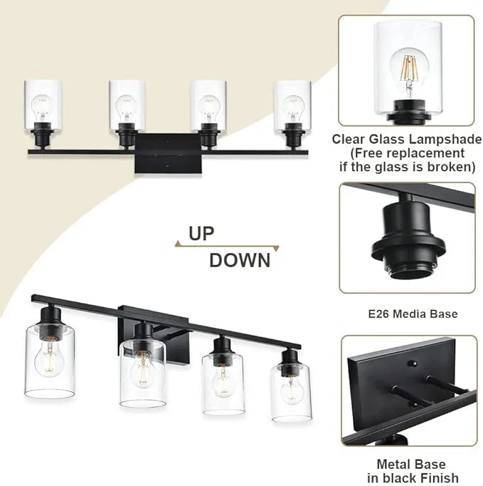 VINLUZ 4-Lights Black Bathroom Vanity Light Fixtures with Clear Cylinder Glass Shade,Industrial Metal Wall Mounted Lighting Over Mirror - ModernBath
