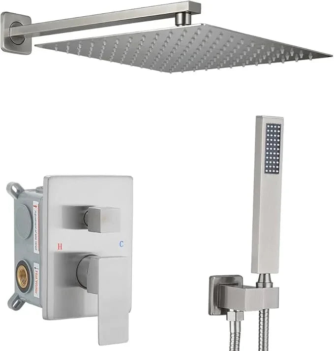 YCAIKOI Shower Faucet Set Complete, Wall Mount Shower System for Bathroom 12 Inch High-Pressure Rainfall Shower with Handheld, Rough-in Valve Body and Trim Kit, Brushed Nickel - ModernBath