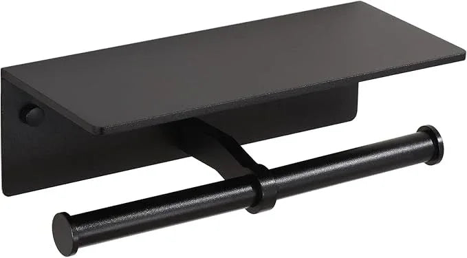 Toilet Paper Holder - Double Rolls Toilet Tissue Holder with Phone Shelf for Bathroom - TP Roll Holder with Wipes Storage, Wall Mounted by Adhesive Pad No Drilling or Screw - Matte Black - ModernBath