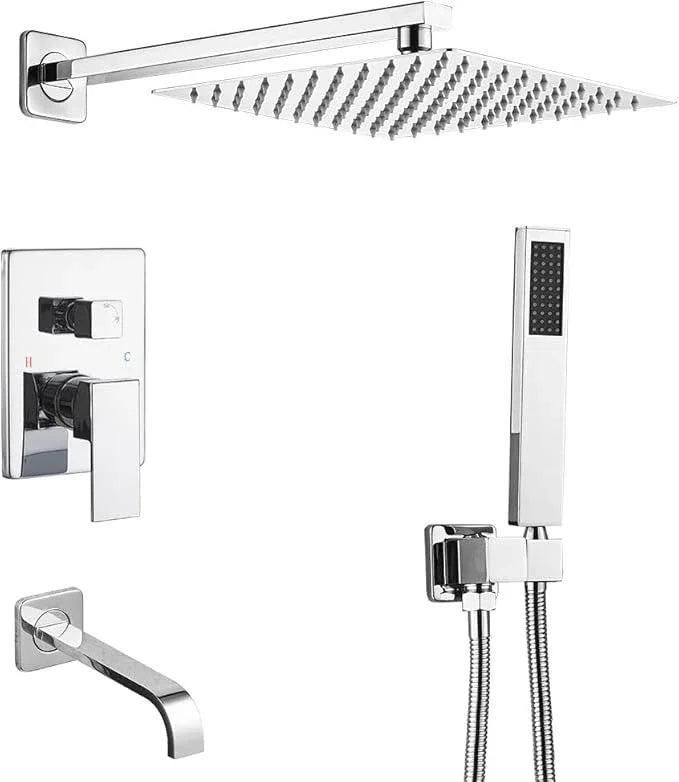 JingGang Chrome Shower System with Tub Spout Wall Mounted Tub Shower Faucet Set for Bathroom with High Pressure 10" Rain Shower head and Handheld Shower Head Kit - ModernBath