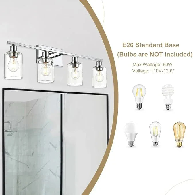 VINLUZ Vanity Light Fixtures,4-Light Indoor Modern Chrome Finish Bathroom Lighting Over Mirror with Clear Glass Shade Metal Base Wall Mounted Lamp for Vanity Table, Living Room - ModernBath