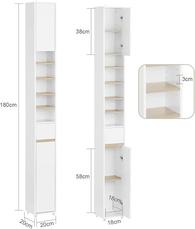SoBuy Bathroom Narrow Storage Cabinet Skinny Tall Unit with Adjustable Shelves Slender Anti-Tipping Floor Standing Cupboard, White & Natural BZR34-WN - ModernBath