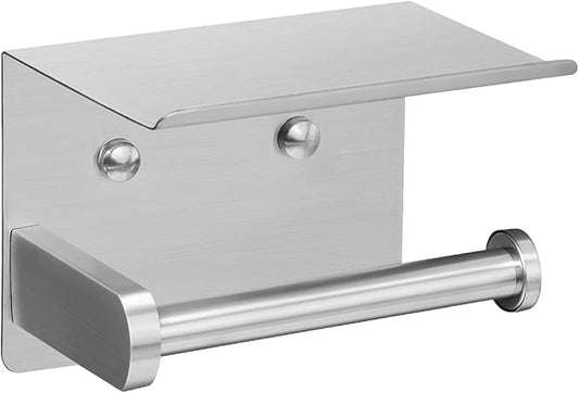 VAEHOLD Self Adhesive Toilet Paper Holder with Phone Shelf Stainless Steel Wall Mounted Toilet Paper Roll Holder - Rustproof and Bathroom Washroom Tissue Roll Holder with Storage Shelf - Silver