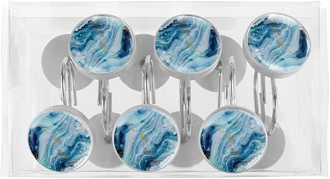 12 Pcs Decorative Shower Curtain Hooks, Rust Proof Glass Surface Stainless Steel Rings for Bathroom Bedroom Kitchen Home Bath Room Rods Decor (Blue White Gold Liquid) - ModernBath