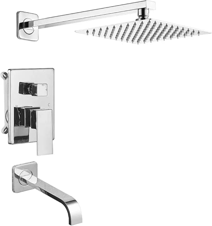 Heable Polished Chrome Shower Faucet Set with Tub Spout Bathroom Luxury Rain Mixer Shower Head System Wall Mounted Shower Faucet Complete, Single Handle Tub and Shower Trim Kit with Rough-in Valve - ModernBath
