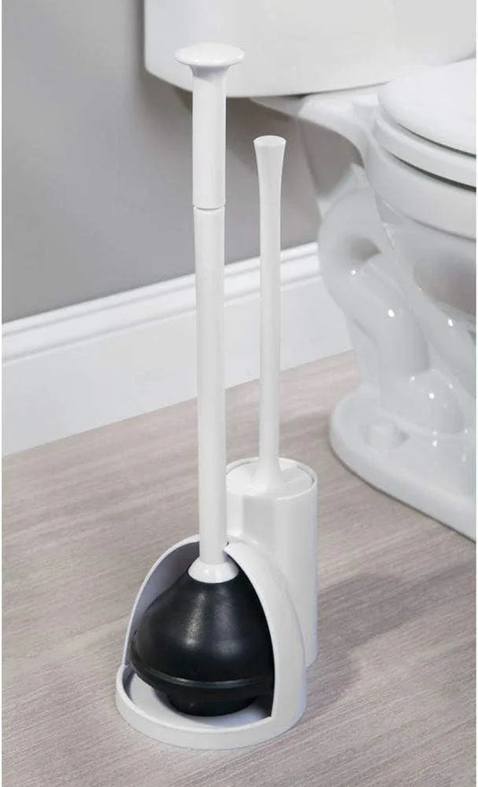 mDesign Hidden Plunger and Brush Set for Toilet Bowl - Combo with Holder Caddy - Modern Toilet Brush and Plunger Set - Aura Collection - White - ModernBath