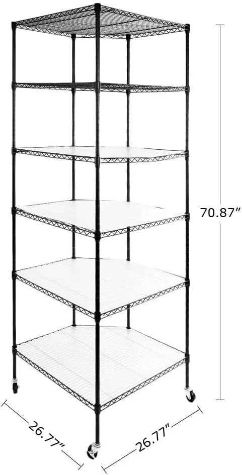BNSPLY 6 Tier Corner Wire Shelving Unit, Adjustable Wire Shelf with Wheels, Metal Storage Shelves and Racks for Kitchen, Bathroom, Laundry, Pantry, Closet (27" D x 27" W x 71" H, Black) - ModernBath