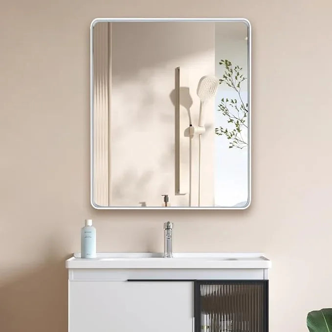 miroro White 20x30 Inch Metal Framed Mirror for Wall, Large Rounded Rectangle Mirror, Anti-Rust, Tempered Glass, Hangs Horizontally or Vertically - ModernBath