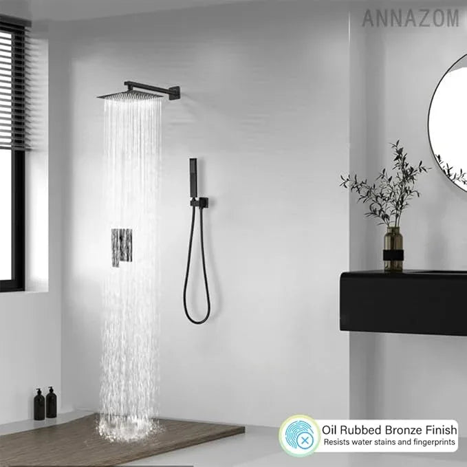 annazom Oil Rubbed Bronze rain Shower Faucet Set Shower System 10 Inches Square Shower Head with Handheld, Waterfall Showerhead, All Metal Shower Faucet Trim Repair Kits (Contain Shower Valve) - ModernBath