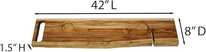EcoDecors Eleganto 42" Live Edge Solid Teak Bath Caddy Tray with Handle, Book & Tablet Holder, Wine Glass Holders, Luxury Bathtub Tray - ModernBath
