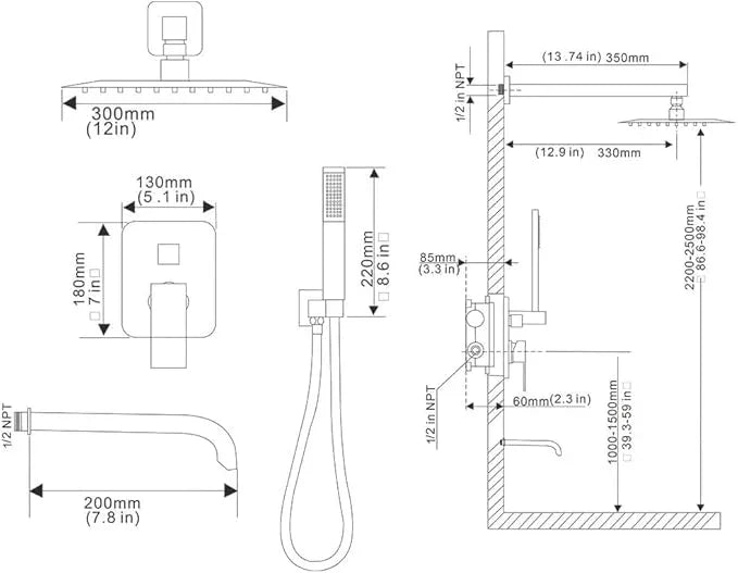 Heable Chrome Shower System Bathroom Shower Faucet Set with Tub Spout Wall Mounted 12 Inch Shower Head and Handle Set with Handheld 3 Function Tub and Shower Trim Kit with Rough-in Valve - ModernBath