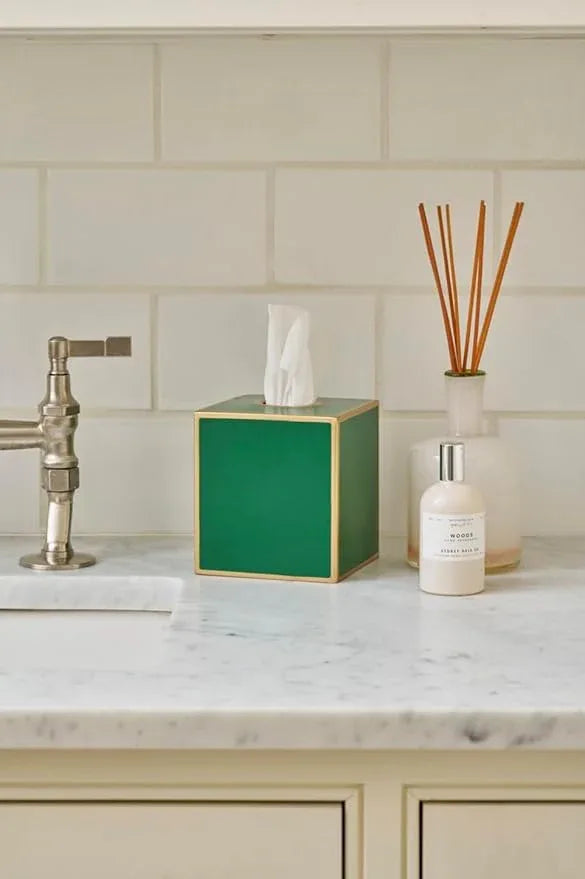 Jaye’s Studio Decorative Square Metal Tissue Box Cover Gold - Luxury Cube Facial Tissue Holder & Dispenser for Bathroom, Bedroom & Home, Modern Chic & Farmhouse Decor, Mattie Line (Emerald Green) - ModernBath