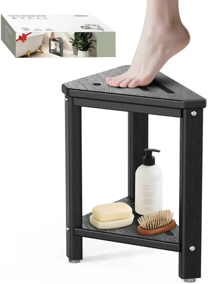 Shower Foot Rest 15in, HDPE Waterproof Shower Stool for Inside Shower, Corner Shower Stool for Shaving Legs with Storage Shelf for Small Space, Shower Step Stool, Plastic Corner Shower Bench, Black - ModernBath