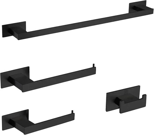 4-Pieces Bathroom Hardware Accessories Set, Towel Rack Towel Bar Toilet Paper Holder Towel Hook Self Adhesive Stainless Steel Towel Rack Set for Bathroom Wall Mounted, Matte Black 16 Inch - ModernBath