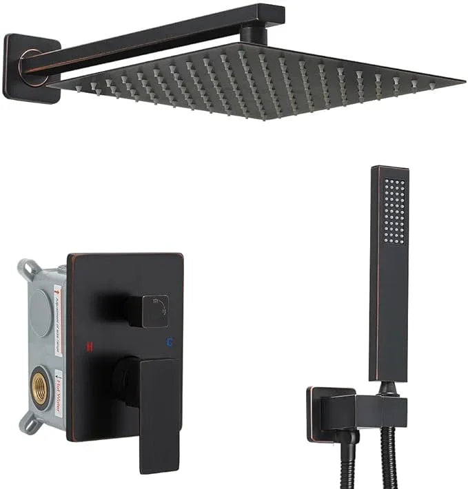 YCAIKOI Shower Faucet Set Complete, Wall Mount Shower System for Bathroom 12 Inch High-Pressure Rainfall Shower with Handheld, Rough-in Valve Body and Trim Kit, Oil Rubbed Bronze - ModernBath