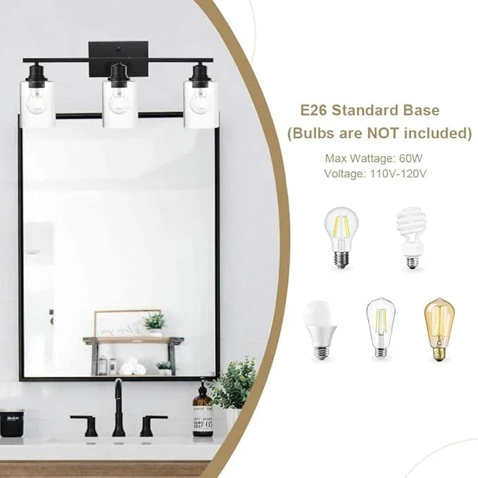 VINLUZ Matte Black Vanity Light for Bathroom 3 Light Farmhouse Indoor Bathroom Lighting Fixtures Over Mirror with Clear Glass Shade for Dressing Table - ModernBath