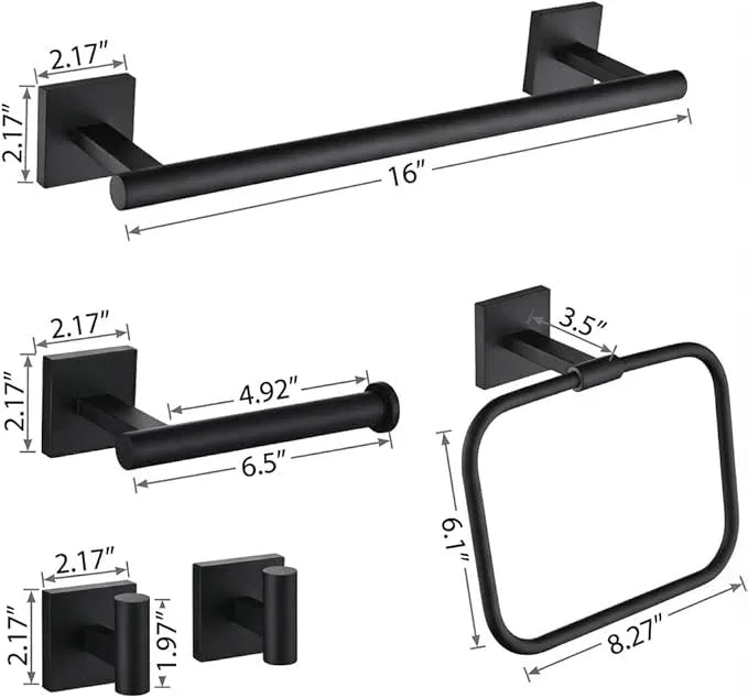 16" Matte Black Bathroom Hardware Accessories Set 5-Piece for RV Camper, SUS304 Stainless Steel Rustproof Towel Bar Kit, Durable Powder Coated Finish with 2 Robe Hooks (Matte Black) - ModernBath