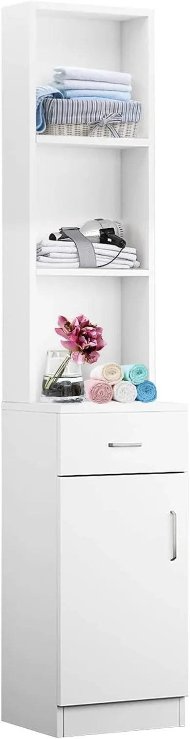 BNSPLY Tall Bathroom Cabinet, Narrow Slim Linen Cabinet with 3 Tier Open Shelves and Drawer, Free Standing Linen Tower for Bathroom, Living Room, Kitchen (White 13.4" W x 13" D x 70" H) - ModernBath