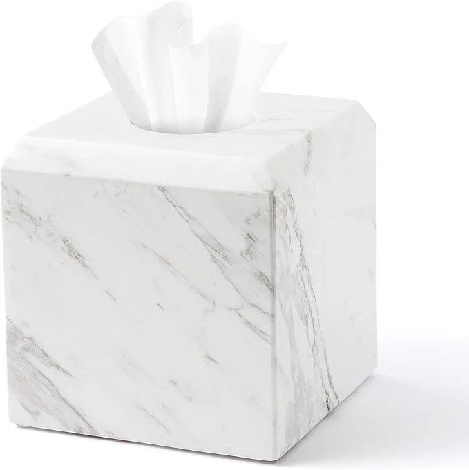 WORHE Tissue Box Cover Italy Natural Marble Heavy Duty Square Facial Toilet Paper Holder for Bathroom Living Room Bedroom Dresser Vanity Kitchen Minimalistic Office Home Decor Jazz White (WH014) - ModernBath