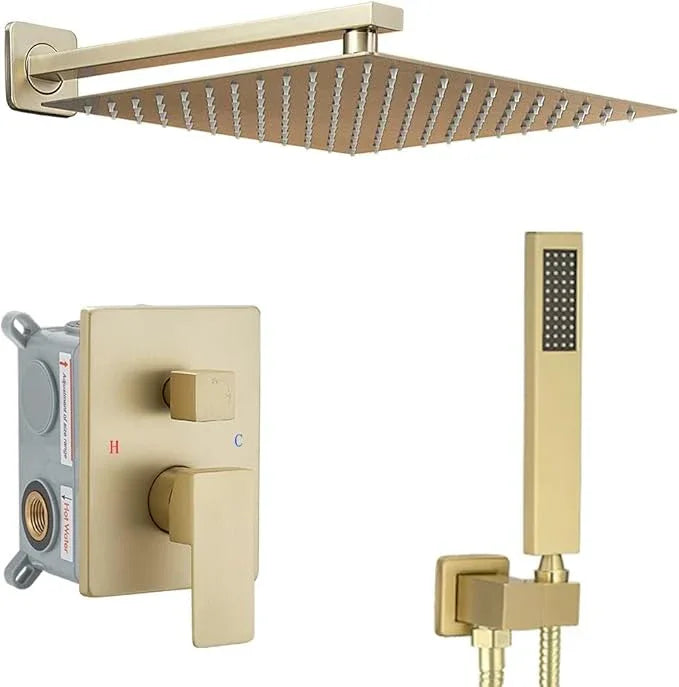YCAIKOI Shower Faucet Set Complete, Wall Mount Shower System for Bathroom 12 Inch High-Pressure Rainfall Shower with Handheld, Rough-in Valve Body and Trim Kit, Brushed Gold - ModernBath