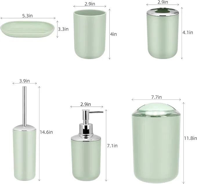 IMAVO Bathroom Accessories Set,Green Bathroom Set,7 Pieces Bathroom Accessory Set,Tray,Toilet Brush,Trash Can for Bathroom Décor and Housewarming Gifts - ModernBath