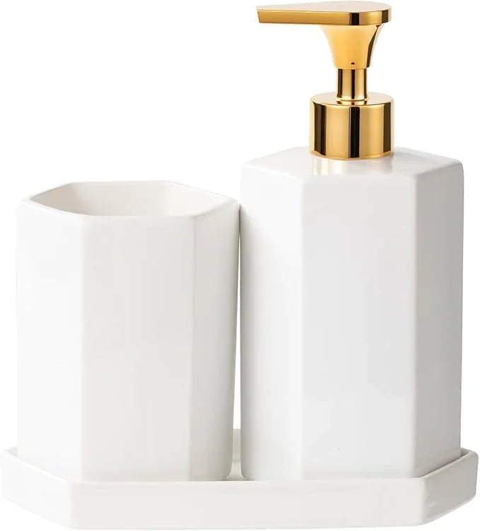 Ceramic Bathroom Accessories Complete with Soap Dispenser, Toothbrush Holder, Bathroom Tumbler, and Vanity Tray - Modern Bathroom Decor,3PCS (Gold) - ModernBath