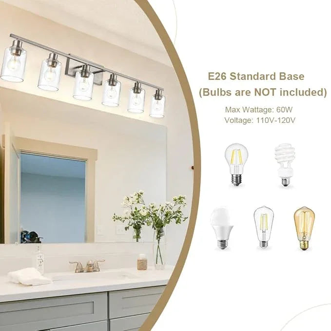 VINLUZ 6 Light Bathroom Lighting Fixture in Brushed Nickel Finish,Classic Metal Wall Mounted Lamp Over Mirror with Clear Glass Shade Industrial Vanity Light - ModernBath