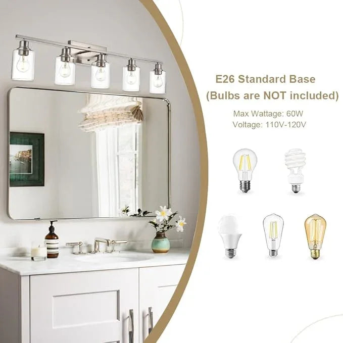 VINLUZ 5-Light Bathroom Vanity Light Fixtures in Brushed Nickel Finish Indoor Wall Sconce Lighting Over Mirror with Clear Glass Shade for Living Room, Bedroom, Hallway - ModernBath