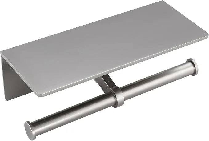 Toilet Paper Holder - Double Rolls Toilet Tissue Holder with Phone Shelf for Bathroom - TP Roll Holder with Wipes Storage, Wall Mounted by Adhesive Tape No Drilling or Screw - Brushed Nickel - ModernBath