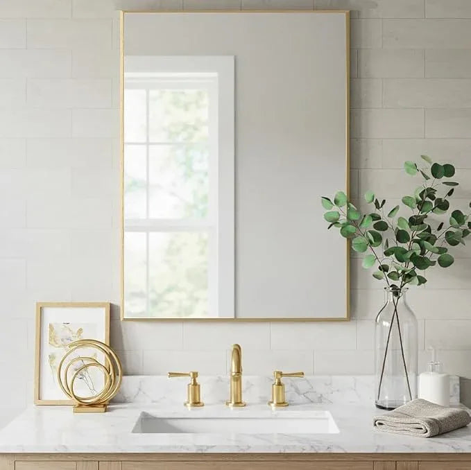 LEDLUX 24x32 Inch Gold Bathroom Mirror - Copper-Free Mirror, Aluminum Alloy Frame Vanity Rectangle Wall Mounted Modern Mirror for Bedroom/Living Room/Porch Horizontal or Vertical - ModernBath