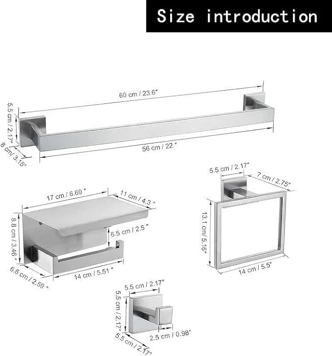 10-Piece Bathroom Hardware Kit - Brushed Finish SUS304 Stainless Steel Set, Featuring 2 x 23.6 Towel Bars, 2 Towel Rings, 2 Toilet Paper Holders & 4 Towel Hooks (Brushed Stainless) (Brushed Finish) - ModernBath