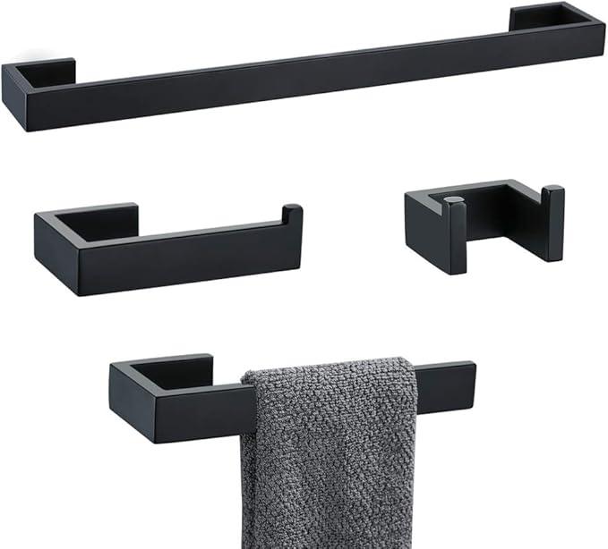 TNOMS 4 Pieces Bathroom Hardware Accessories Set Black Towel Bar Towel Holder Robe Hook Toilet Paper Holder Stainless Steel,Q8-P4BK - ModernBath
